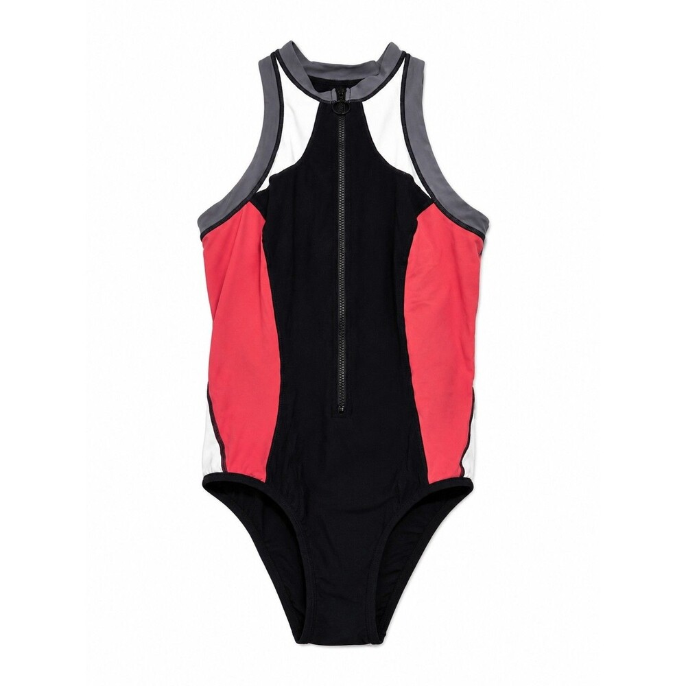 Seafolly Australia One Piece Swimsuit Womens Size 12 Black Pink Zip Front